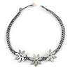 Mother Of Pearl Floral Black Grey Silk Cord Necklace - 48cm L
