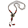 Orange/ Brown Ceramic Bead Tassel Necklace with Brown Cotton Cords - 60cm L - 80cm L (adjustable)/ 13cm Tassel