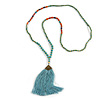 Ethnic Long Beaded Light Blue Silk Tassel Necklace - 88cm Long/ 10cm Tassel