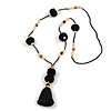 Black Glass Bead, Pom Pom, Tassel Long Necklace - 88cm L/ 10cm Tassel