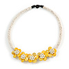 Yellow/ White Glass Bead with Shell Floral Motif Necklace - 48cm Long
