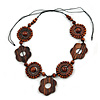 Brown Wood Floral Motif Black Cord Necklace - 60cm L/ Adjustable