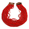 Statement Multistrand Red Glass Bead Necklace with Wood Closure - 60cm Long