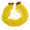 Statement Multistrand Lemon Yellow Glass Bead Necklace with Wood Closure - 60cm Long