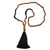 Black Semiprecious Nugget, Brown/ Black Seed Beaded Necklace with Buddha Lucky Charm/ Silk Tassel Pendant - 86cm L/ 13cm Tassel