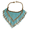 Statement Glass Bead Bib Style/ Fringe Necklace In Light Blue/ Bronze - 40cm Long/ 17cm Front Drop