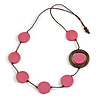 Pink/ Brown Coin Wood Bead Cotton Cord Necklace - 80cm Long - Adjustable