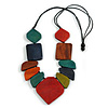 Geometric Wood Bead Black Cotton Cord Necklace in Multi - 80cm Long - Adjustable