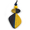 Yellow/Dark Blue Geometric Wood Pendant Black Waxed Cotton Cord - 80cm L Max/ 13cm