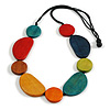 Multicoloured Eco-Friendly Handmade Wooden Necklace with Black Adjustable Cotton Cord – Geometric Shape, 86cm Max Length