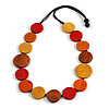Red, Brown, Orange & Yellow Eco-Friendly Wooden Necklace with Black Adjustable Cotton Cord – Round Geometric Shape, 84cm Max Length