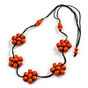 Orange Eco-Friendly Floral Wooden Necklace with Black Adjustable Cotton Cord – 86cm Max Length, 30mm Flower Shape