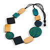 Teal, Dark Blue & Natural Eco-Friendly Wooden Necklace with Black Adjustable Cotton Cord – Geometric Shape, 82cm Max Length