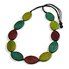 Teal Green, Brown & Olive Eco-Friendly Wooden Necklace with Black Adjustable Cotton Cord – Geometric Oval Shape, 86cm Max Length