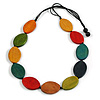 Handmade Geometric Oval Wooden Bead Necklace with Adjustable Black Cotton Cord - 86cm Max Length - Multicoloured