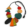 Handmade Geometric Wooden Bead Necklace with Adjustable Black Cotton Cord - Eco-Friendly - 80cm Max Length (Multicoloured)