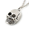 Small Gothic 'Skull' Pendant On Silver Tone Rolo Chain - 40cm Length/ 5cm Extension