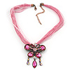 Pink Diamante 'Butterfly With Tail' Cotton Cord Pendant Necklace In Bronze Metal - 38cm Length/ 8cm Extension