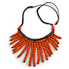 Statement Orange Wooden Bead Fringe Black Cotton Cord Necklace - Adjustable