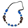 Geometric Blue Resin and Brown Wood Bead with Black Leather Cord Necklace - 88cm L