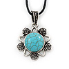 Burn Silver Turquoise Stone 'Flower' Pendant On Black Cotton Cord Necklace - 40cm Length/ 7cm Extension