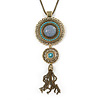 Long Blue Tassel Pendant Necklace In Burn Gold Finish - 70cm Length