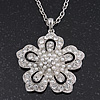 Long Crystal Simulated Pearl 'Flower' Pendant In Rhodium Plating - 74cm Length/ 10cm Extension