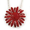 Dark Red Enamel Flower Pendant with Long Thick Silver Tone Chain - 86cm L