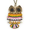 Oversized Multicoloured Enamel Owl Pendant with Long Burnt Gold Chain - 74cm L