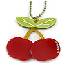 Dark Red/ Light Green Acrylic Cherry Pendant With Green Beaded Chain - 44cm L