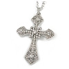 Large Crystal Filigree Cross Pendant with Chunky Long Chain In Silver Tone - 70cm L