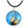 Delicate Round Glass Butterfly (Two-sided) Pendant with Black Cord (Blue/ Black/ Yellow) - 42cm L/ 5cm Ext