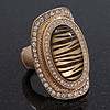 Large Oval Diamante Animal Print Flex Ring In Brushed Gold Metal - 3.7cm Length - Adjustable
