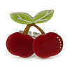 Burgundy Red/ Green Acrylic Double Cherry With Leaves Ring In Silver Tone - Adjustable - Size 7/8