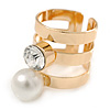 Wide Gold Plated Pearl, Crystal Band Ring - Size 7