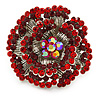 Large Red, Burgundy Crystal Layered Flower Ring In Silver Tone Metal - 40mm Diameter - 7/8 Size Adjustable