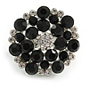 Silver Tone Black/ Clear Diamante Cocktail Ring (Adjustable Size 7/8)