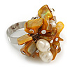 Antique Yellow Sea Shell Nugget and Cream Faux Freshwater Pearl Cluster Silver Tone Ring - 7/8 Size - Adjustable