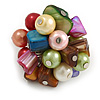 Multicoloured Sea Shell Nugget and Faux Pearl Cluster Bead Silver Tone Ring - 7/8 Size - Adjustable