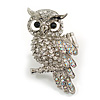 60mm Long/Stunning Diamante Owl Stretch Ring in Silver Tone Metal in (Clear/AB) - Adjustable Band - 7/8 Size