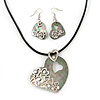 Mother of Pearl 'Heart' Pendant Necklace On Leather Cord & Drop Earrings Set - 36cm Length (5cm extender)