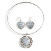 Antique White 'Heart' Pendant Flex Wire Necklace & Drop Earrings Set In Silver Plating - Adjustable