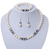 White Simulated Glass Pearl Bead Necklace, Flex Bracelet & Drop Earrings Set With Diamante Rings & Metallic Grey Beads - 38cm Length/ 6cm Extension