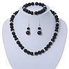 Jet Black Glass Bead Necklace, Flex Bracelet & Drop Earrings Set With Diamante Rings - 40cm Length/ 6cm Extension