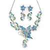 Azure/ Blue/ Green Austrian Crystal 'Butterfly' Necklace & Drop Earring Set In Rhodium Plating - 40cm Length/ 6cm Extension