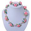 Rose Quartz, Turquoise Bead Fimo Rose Necklace And Flex Bracelet Set In Silver Tone - 40cm Length/ 5cm Extension