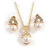 Clear Austrian Crystal Simulated Pearl Pendant With Gold Tone Chain and Stud Earrings Set - 44cm L/ 5cm Ext - Gift Boxed
