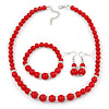 Bright Red Ceramic Bead Necklace, Flex Bracelet & Drop Earrings With Crystal Ring Set In Silver Tone - 44cm L/ 6cm Ext