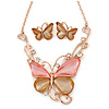 Romantic Glass, Crystal Pastel Gold/ Pink Butterfly Necklace & Stud Earrings In Gold Tone Metal - 40cm L/ 8cm Ext - Gift Boxed