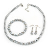 5mm, 7mm Light Grey Glass/ Crystal Bead Necklace, Flex Bracelet & Drop Earrings Set In Silver Plating - 42cm L/ 5cm Ext